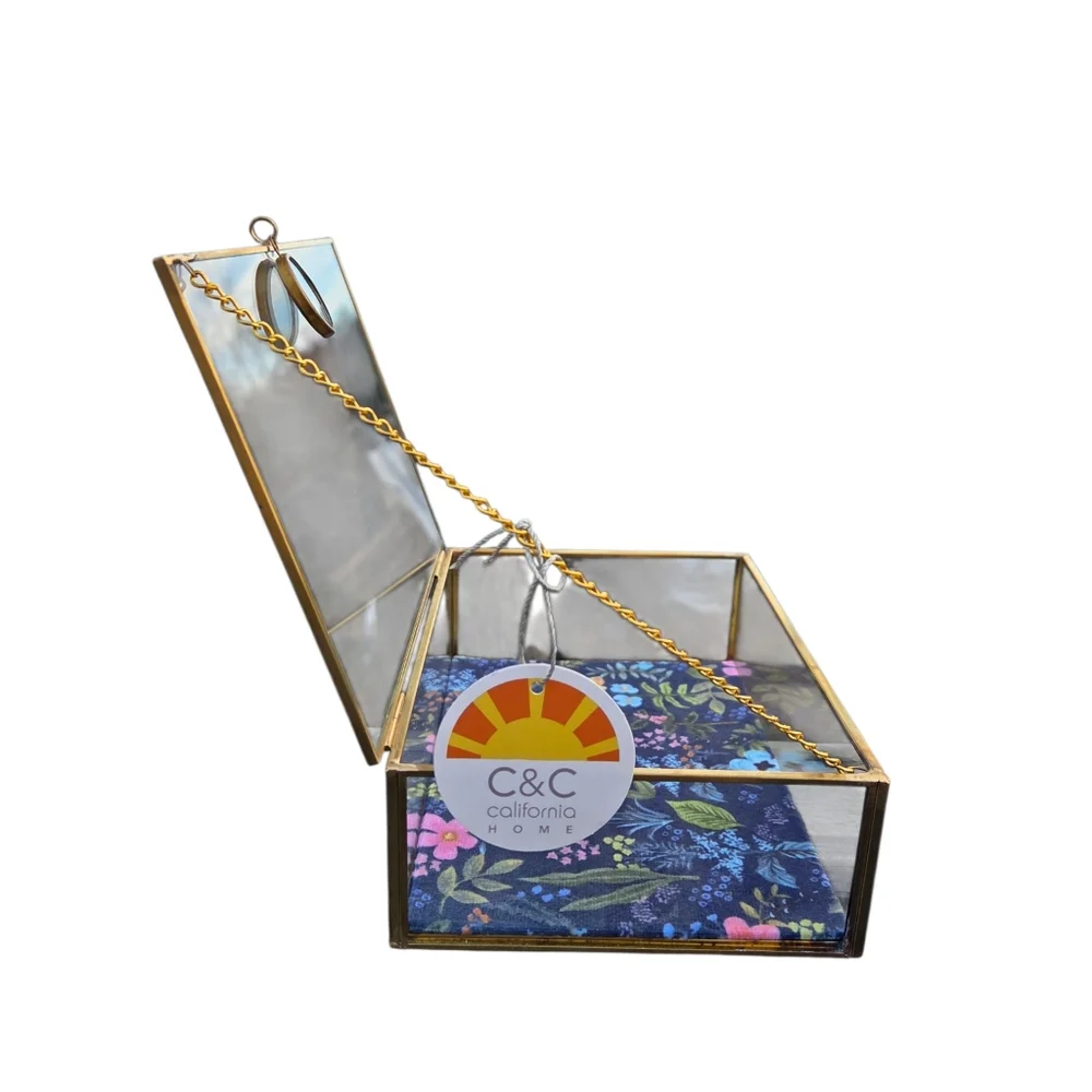 C&C California - NEW Floral Glass Jewelry Box Trinket Box w/Patina Gold Frame